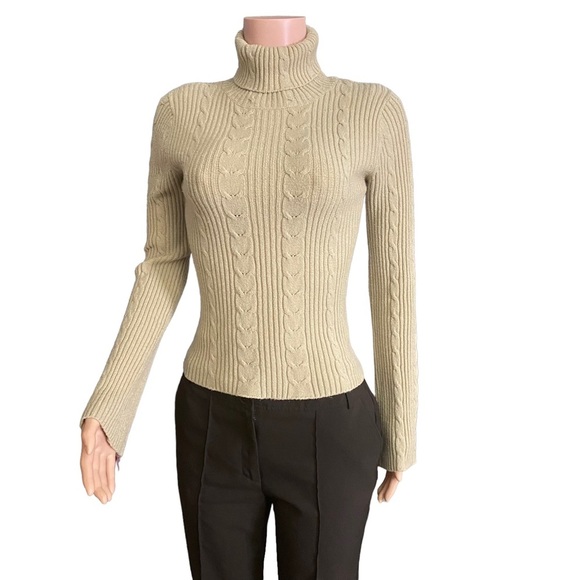 Turtleneck Sweater in Khaki Cable Knit Pattern with Slight Bell Sleeves - Picture 2 of 7